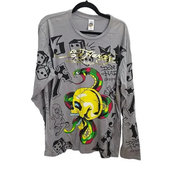 Vintage Ed Hardy Men's XL Skull Snake Graphic Long Sleeve Tee Y2K Streetwear - Picture 1 of 13